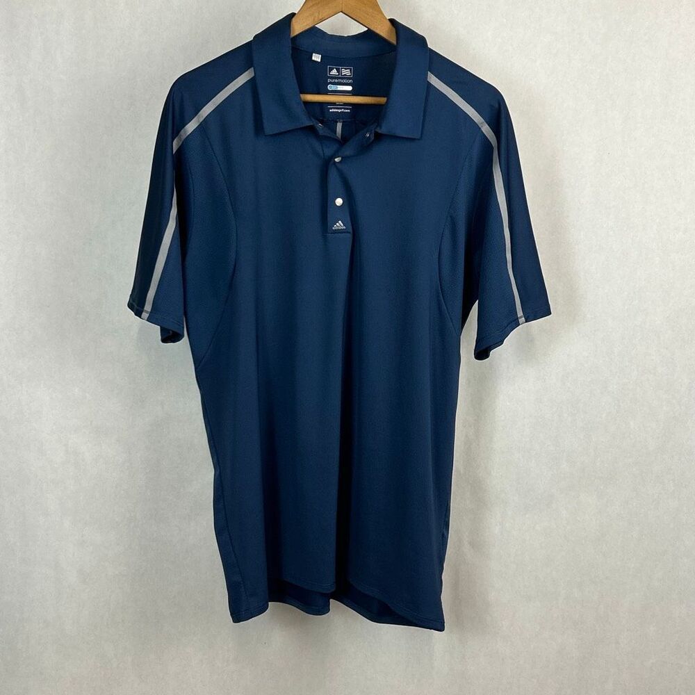 Adidas Golf puremotion Cool Max Polo Shirt Sz Large Navy Blue Short Sleeve Perfo